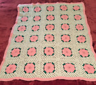 Crocheted Granny Squares Afghan Throw Blanket Pink Roses Flowers Pink Trim 55x46