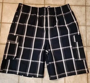 Nwt Shaka Wear Cargo Shorts Men's Sz 4XL Navy BluePlaid Drawstring Elastic Waist - Picture 1 of 13