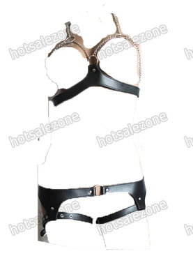 Sexy Women's PU Leather Bondage Halter Cupless Open Breast Bust Bra Top Set - Image 1 of 2