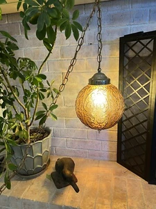 Vintage MCM Hollywood Regency Amber Textured Glass Hanging Swag Lamp - Picture 1 of 4