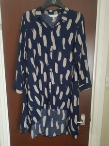Apricot Navy Brushstroke Dip Hem Midi Shirt Dress Size UK 10 Women's Vicose - Picture 1 of 8