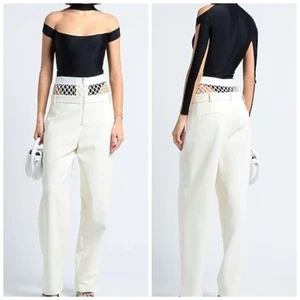 DION LEE Sz XS 6 Ivory Wool Blend High Waist Dress Pant Mesh Trim - Picture 1 of 20