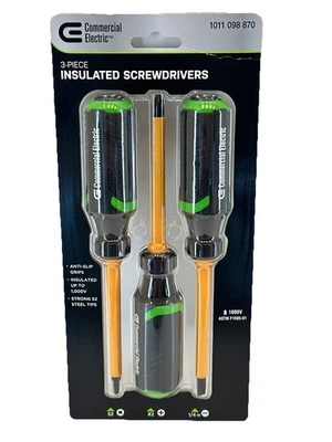 Commercial Electric 3-Piece Insulated Screwdriver Set Sealed S2/P2/ 1/4” Flat - Image 1 of 4