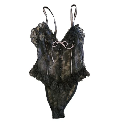 Body lencería de encaje coqueta vintage años 90 S/M negro peluche de nailon transparente Foto 1 de 4