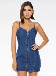 Quiz Denim Zip Front Pinafore Mini Dress Size 14 - Picture 1 of 6