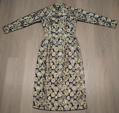 Vestido De Colección Asiático Dorado Metálico Brillo Azul Real CHEONGSAM Mandarín QIPAO XS Foto 1 de 4