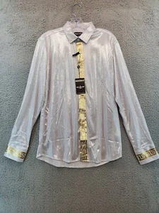 Barabas Herren Luxus Weiß & Gold Metallic L/S Knopfleiste Hemd Größe Medium - Bild 1 von 15