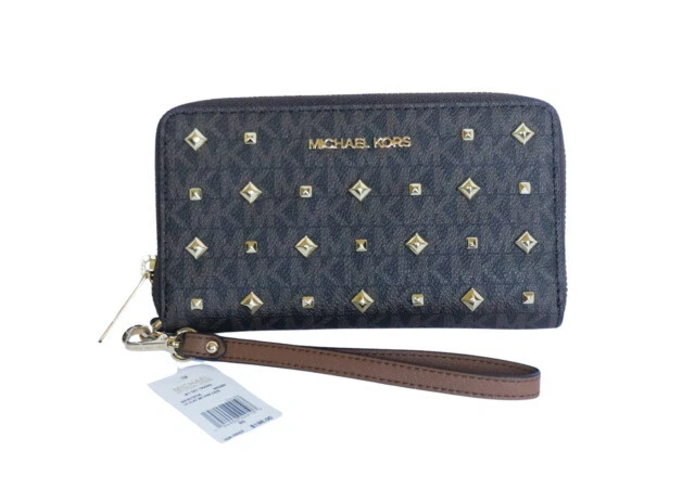 Michael Kors 35S0GTVE7G Logo Signature Studded Large Flat Multifunction Phone Case Wallet - Brown
