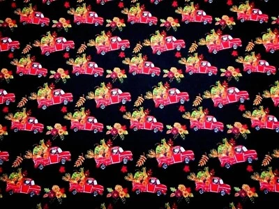 Edredón de tela de otoño por yarda rojo camión de colección con calabazas hojas de otoño algodón negro C Foto 1 de 2