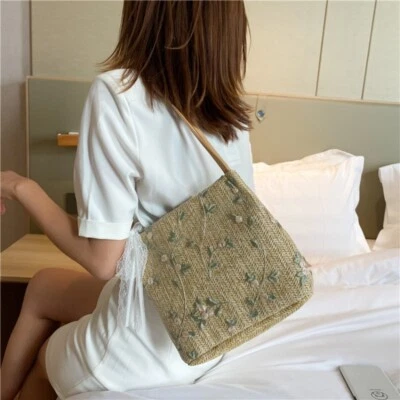 Women Straw Shoulder Bag Bucket Bag Beach Lace Woven Tote Purse Messenger Bag - Image 1 of 4