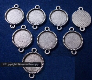 8 Bezel tray settings Silver pl holds 12mm cabochon earring charm 2 loops FPE171 - Picture 1 of 4