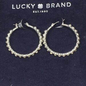 Lucky Brand Matte Silver Tone Wavy Hoop Earrings White Enamel with Box