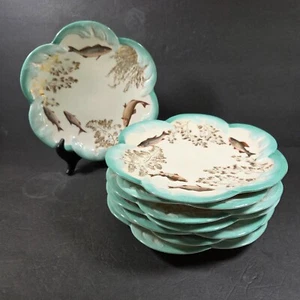 T&V Limoges Decorated Fish 8 Plate Set Seaweed Teal & Gold Scalloped - Picture 1 of 14