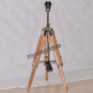 Teak Wooden Antique Royal Nautical Tripod Table Lamp Stand Shade Tripod Gift - Picture 1 of 4