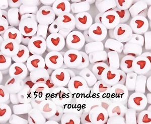 Lot de 50 perles blanches Coeur Rouge, ronde, 0.7 x 0.4 mm, neuf - Picture 1 of 1
