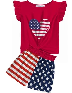 Girls 4th of July Outfit 2 Piece American Flag Print Clothes Ruffle Sleeve To... - Picture 1 of 9