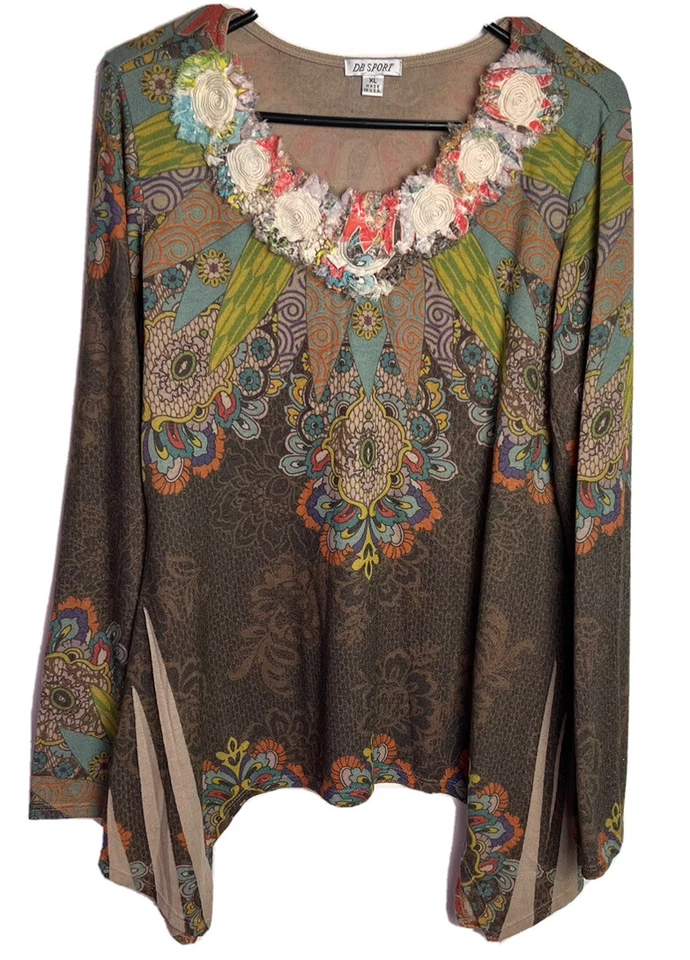 DB SPORT Art To Wear Suéter Túnica Serigrafía Rosetas de Flores Talla XL Lagenlook Foto 1 de 4