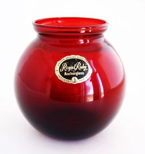 Vintage Anchor Hocking Royal Ruby 4" Round Vase Original Sticker - Picture 1 of 4