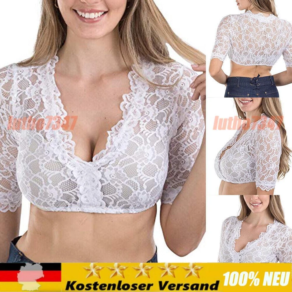 Damen Spitze Dirndlbluse 3/4 Arm weiß Trachten Bluse Oktoberfest Wrap Crop Tops! - Bild 1 von 4