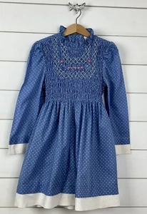 Vintage Girls Sz 7 POLLY FLINDERS Smocked Dress Blue White Polka Dot USA Made - Picture 1 of 8