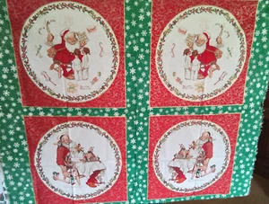 Norman Rockwell Christmas Fabric Panel by Wamsutta Hallmark 4 Pillow Squares - Picture 1 of 5