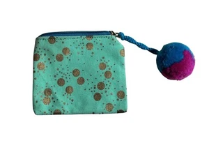 Girls Teens Coin Purse With Pom Pom 5" Blue With Gold Polka Dots - Picture 1 of 3