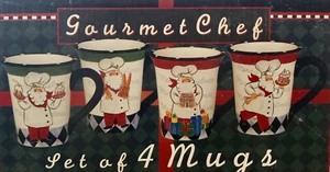 Gourment Chef HandPainted Ceramic Mugs (Set of 4) NIB - Picture 1 of 2