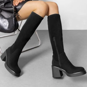 Women’s Knee High Platform Boots Chunky Block Heel Suede Side Zipper Tall Boots - Picture 1 of 17
