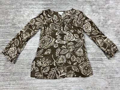 Spiegel Top 女式 6 棕色花卉 V 领长袖 100% 真丝休闲 — 第 1/4 张图片