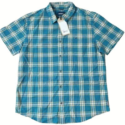 NEW prAna CAPE VERDE WOODSIDE PLAID SHORT SLEEVE BUTTON UP SHIRT SIZE MEDIUM - Image 1 of 2