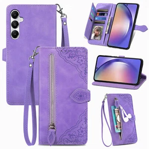Purple Magnetic Leather Flip Case Strap Zipper Wallet Card Slots Stand Cover - Picture 1 of 16