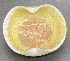 Vintage Murano Gold Brown White Swirls Art Glass Bowl Folded edges - Picture 1 of 12