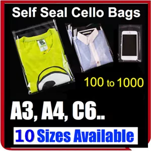 Clear Self Seal Adhesive Cello Cellophane Resealable Plastic Bags C6 A4 A3 - Picture 1 of 25