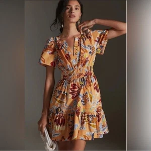 Anthropologie The Somerset Mini Dress Tiered Botanical Floral Peach Blue Size L - Picture 1 of 16