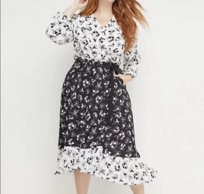 Lane Bryant x Beauticurve Midi Wrap Dress Women’s 16 Black White Floral Feminine - Image 1 of 4