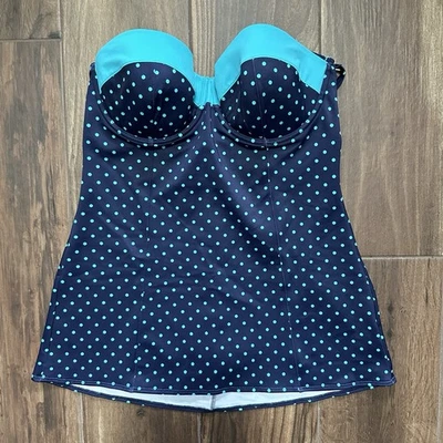 Spanx Swimsuit Top 16 Navy Blue Teal Polka Dots Bikini Tankini Removable Straps - Image 1 of 4