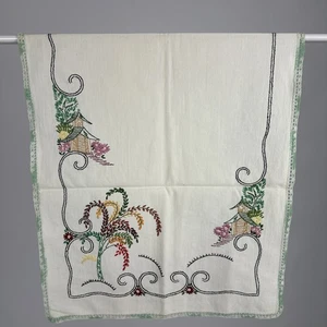 Vintage Hand Embroidered Table Linen Japanese Style Green Edging 18x40” - Picture 1 of 9