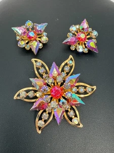 Vintage Brosche & Clip Ohrring Modeschmuck Set AB Strass goldfarben festlich! - Bild 1 von 11
