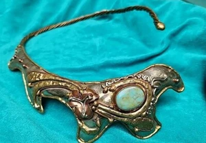 Sterling Brass Copper Turquoise Stone Necklace Mexico Brutalist - Picture 1 of 5