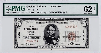 $5 1929 T1 National GOSHEN Indiana IN 🇺🇸 PMG 62 EPQ 🇺🇸 Uncirculated UNC 🇺🇸 - Image 1 of 2