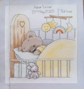 Cross Stitch "BEAR BIRTH SAMPLER" pattern ~ baby, mobile, crib, bunny - Picture 1 of 1