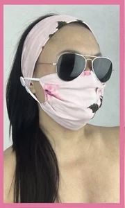 Matching Headband Mask Washable Adjust Ear Loop Baby Pink 100% Cotton 2 Layer - Picture 1 of 6