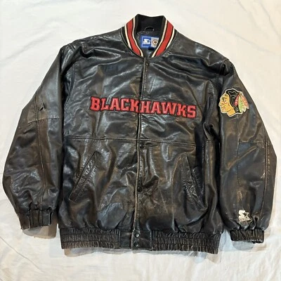 Винтажный Chicago Blackhawks кожи стартер куртка Sz большой НХЛ черный 90-х читать - Изображение 1 из 4