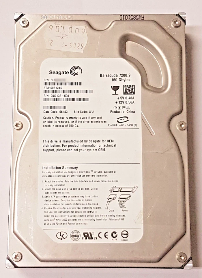 160 GB SATA Seagate Barracuda 7200.9 ST3160812AS 8MB Hard Drive 3.5" Internal - Image 1 of 1