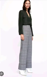 NEW! Zara High Waisted Wide Leg Cuffed Check Pants S - Picture 1 of 7