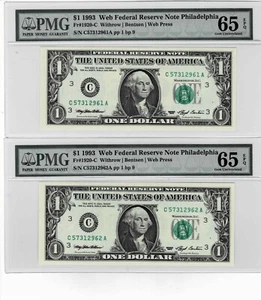 1993 $1 Federal Reserve 'WEB'Notes-PHILLY-(2 Consecutive) Run 9- 1/9-PMG 65 EPQ - Picture 1 of 6