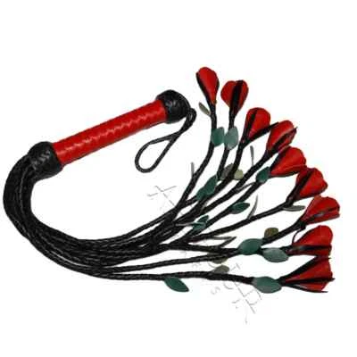 ARDOURCRAFTS Real Genuine Cow Hide Leather Flogger 9 Braided Red Rose & Green Petals