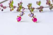 Natural  Red Ruby & Ioite Studs 925 Sterling Silver Gemstone Stud Gift Earrings