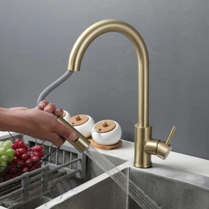 Pull Out&Swivel Kitchen Faucet Brushed Golden Single Hole Mixer Deck Mounted Tap - Picture 1 of 12