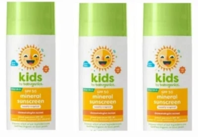 Babyganics SPF 50 детский минеральный солнцезащитный роллер мяч, полностью тропический, 3 унц, 3-PK - Изображение 1 из 4